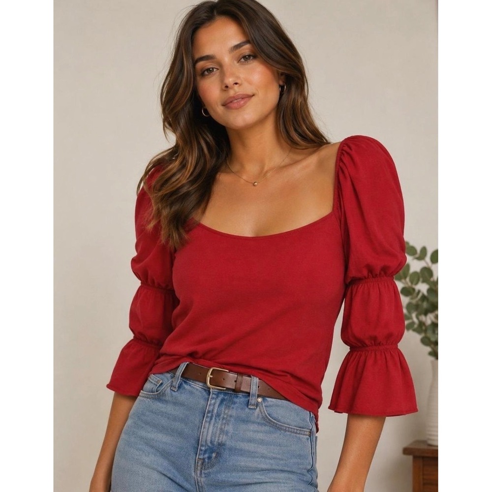 Nation LTD Womens XS Magenta Pima Cotton Puff Sleeve Square Neck Top 1287RS
